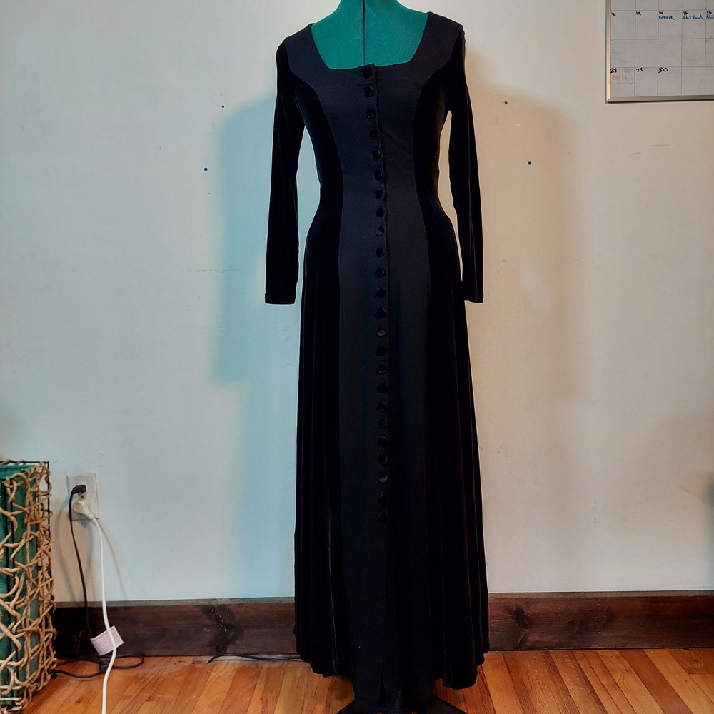 Cache Vintage 90s Black Velvet Mixed Media Maxi Dress Square Neck Goth Small